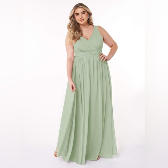 Azazie Kora Sage Green Bridesmaid Dress A-Line Pleated Chiffon Size 14 - Picture 3 of 10